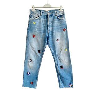 Zara high waist jeans with floral gems, size 6, cropped length‎